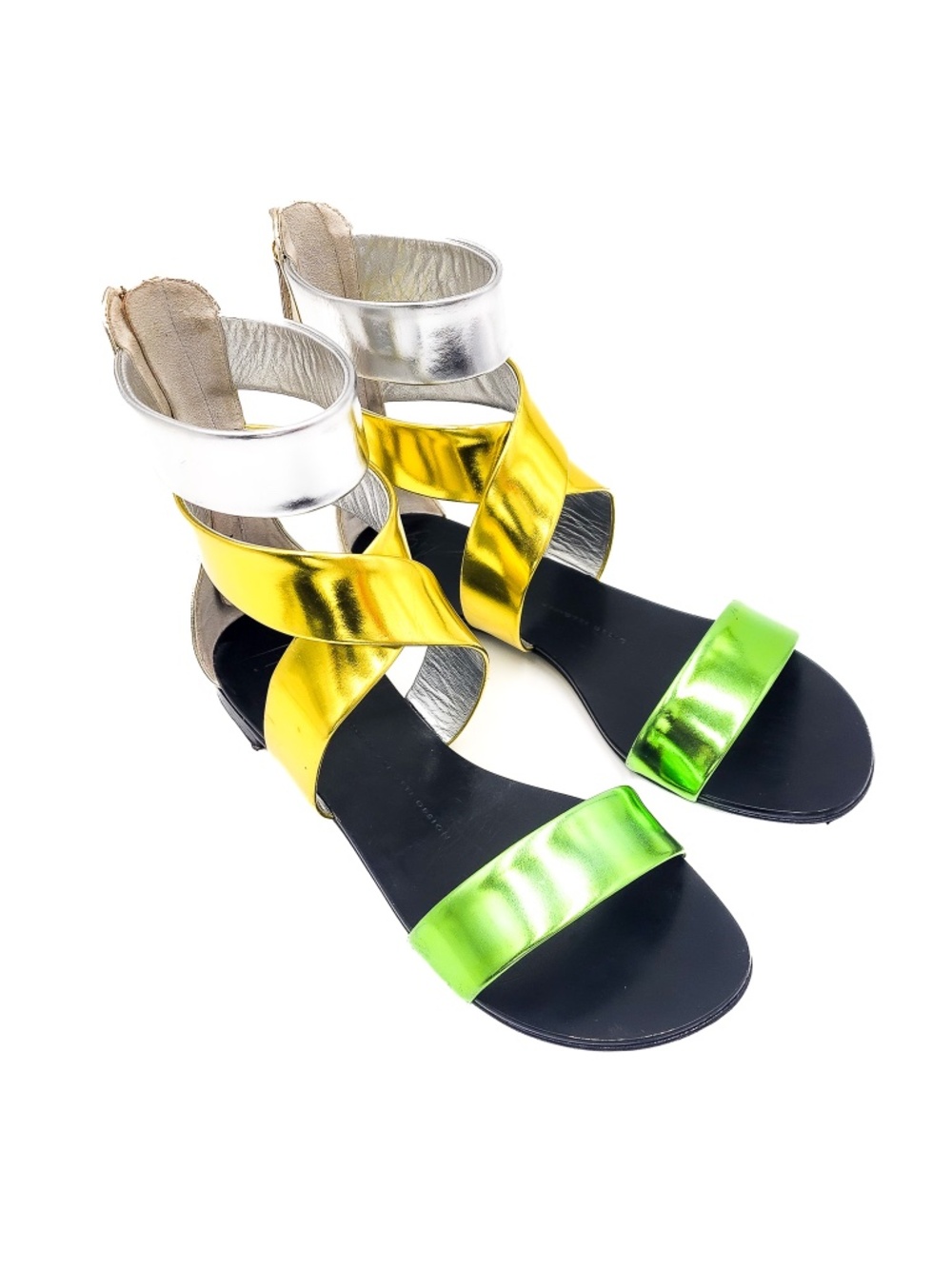 Giuseppe Zanotti Gladiator Zip Silver Gold Leather Sandals EU 37